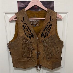 Genuine Leather Brown Vest with Fringe and Embroidery